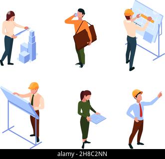 Architects isometric. Construction builders designers making real estate projects architect industry engineer working garish vector illustrations Stock Vector