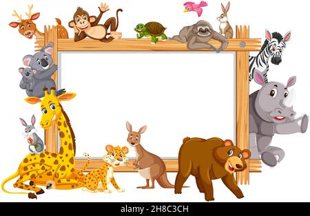 Empty wooden frame with various wild animals in the farm illustration ...