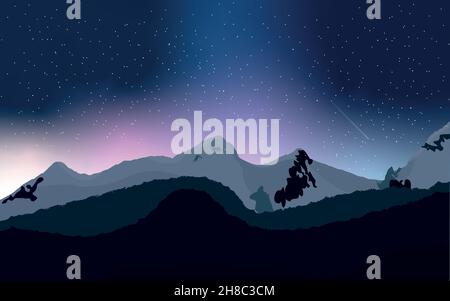 Landscape with silhouettes of mountains and forest at night. Stock Vector