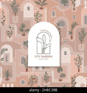 Architectural seamless pattern with plants and logo city garden for hotel, wallpaper or gallery. Stock Vector