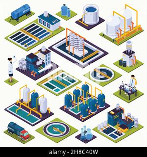 Water cleaning set of isometric icons with facilities of purification plant, laboratory test, transportation isolated vector illustration Stock Vector