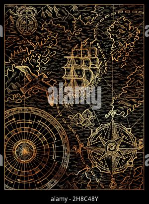 Black and gold illustration of old map with sailboat, gull, unknown lands and islands, compass and wind rose. Vintage drawings, marine concept, colori Stock Photo