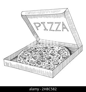 Pizza in box graphic fast food black white sketch isolated illustration vector Stock Vector