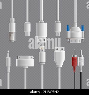 Realistic cable connectors types transparent set with images of computer and multimedia connectors on transparent background vector illustration Stock Vector