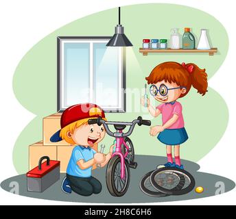 Children fixing a bicycle together  illustration Stock Vector
