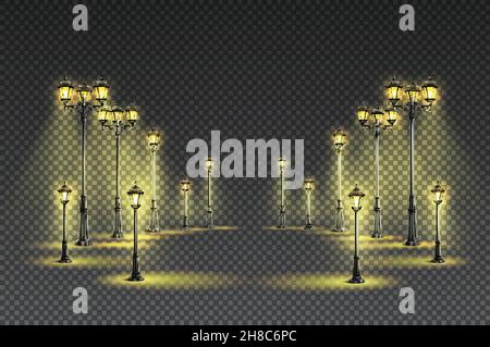 Outdoor garden street classical yellow lighting with big and small lanterns dark transparent background realistic vector illustration Stock Vector