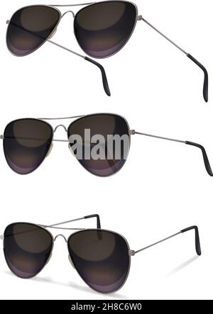 Sunglasses set with realistic images of aviator sunglasses from various angles with shadows on blank background vector illustration Stock Vector