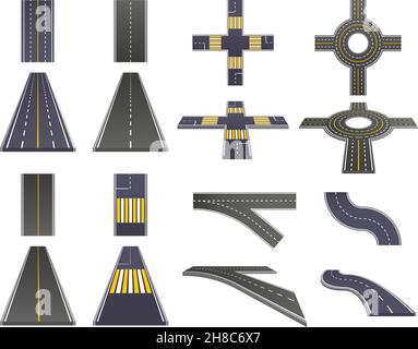 Set of asphalt road parts with marking perspective and top view isolated on white background vector illustration Stock Vector