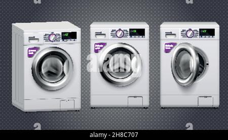 Three empty washing machines in white and silver color set isolated on transparent background realistic vector illustration Stock Vector