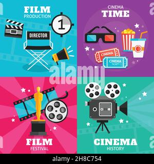 Four colored square icon set with attributes of film production cinema time film festival and cinema history Stock Vector