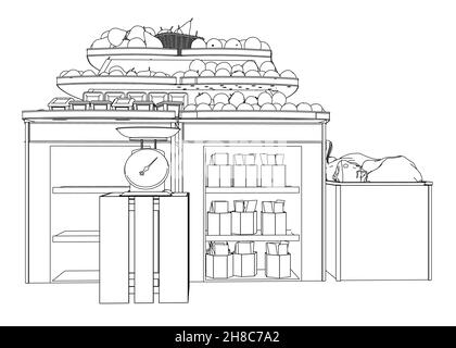 Outline of a counter with fruits and scales from black lines isolated on white background. Apples and pears. Vector illustration. Stock Vector