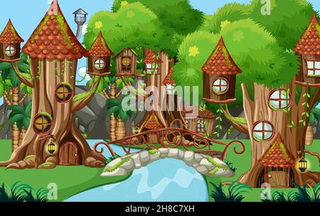 Fantasy forest scene with hollow tree house illustration Stock Vector ...