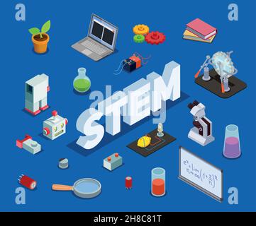 STEM education isometric composition with cumbersome text and isolated items related to science technology engineering mathematics vector illustration Stock Vector