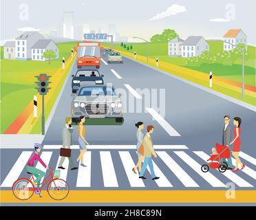Suburb with houses and traffic, pedestrians on the crosswalk, illustration Stock Vector
