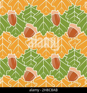 Seamless pattern with oak yellow and green leaves and acorns. Vector color background. Stock Vector
