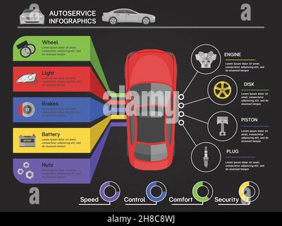Auto service infographics with car of view from top machine details ...