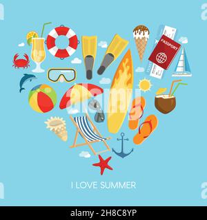 Heart summer composition with icon set composed in the heart and headline I love summer vector illustration Stock Vector