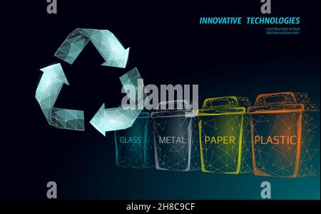 Low poly waste separation 3D concept. Garbage recycle plastic aluminium paper glass container bin. Polygonal ecological save planet campaign. Urban Stock Vector