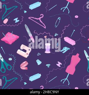 Bright tailoring elements pattern with sewing equipment tools and accessories on purple background vector illustration Stock Vector