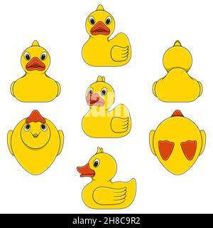 Set of color illustrations with toy yellow duck. Isolated vector objects on a white background. Stock Vector