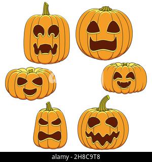 Set of color illustrations of pumpkins with faces for Halloween. Isolated vector objects on a white background. Stock Vector