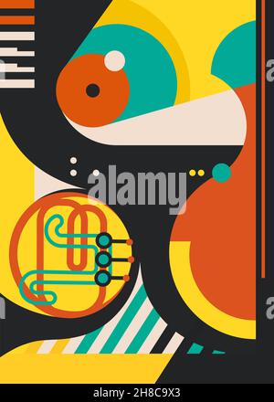 Poster with abstract music instruments. Creative placard design in flat style. Stock Vector