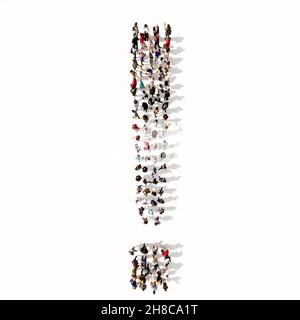 Concept or conceptual large community of people forming the ! font. 3d illustration metaphor for unity and diversity, humanitarian, teamwork Stock Photo