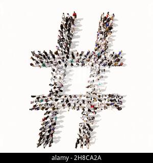 Concept or conceptual large community of people forming the #  font. 3d illustration metaphor for unity and diversity, humanitarian, teamwork Stock Photo