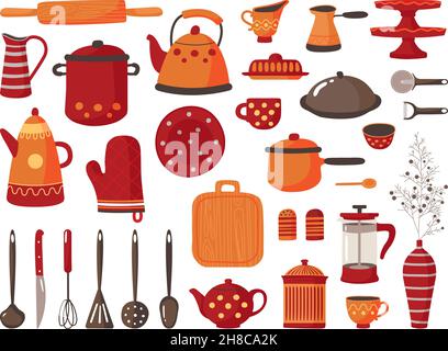 Doodle kitchen utensils. Cooking utensil, isolated sketch restaurant tools. Crockery, plates and cup. Decorative scandinavian cafe elements, classy Stock Vector