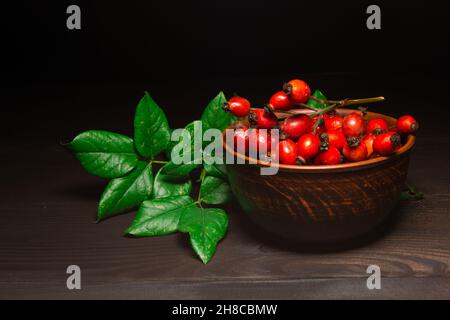 The studio shot of red rose hips with green branch on dark wooden background. Healthy food concept Stock Photo