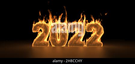 Happy New Year 2022. Burning number, Year on fire, black background, copy space. Glowing holiday greeting card template. 3d illustration Stock Photo