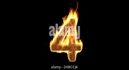 Fire number 4 four, flaming burn font. Burning flame text with smoke and fiery effect. Hot red fire glow isolated on black background. 3d illustration Stock Photo