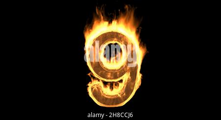 Burning fire number 9 nine, flaming burn font. Hot red fire glow isolated on black background. figure text with smoke and fiery effect. 3d illustratio Stock Photo