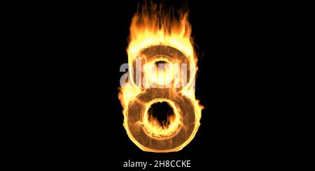 Fire number 8 eight, flaming burn font. Burning flame text with smoke and fiery effect. Hot red fire glow isolated on black background. 3d illustratio Stock Photo