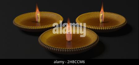 Diwali, Hindu festival of lights celebration. Clay diya illuminated in Dipavali holiday, Traditional oil lamps on dark background, 3d illustration Stock Photo