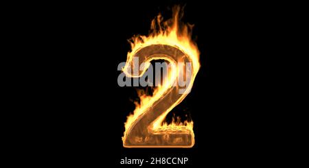 Fire number 2 two, flaming burn font. Burning flame text with smoke and fiery effect. Hot red fire glow isolated on black background. 3d illustration Stock Photo