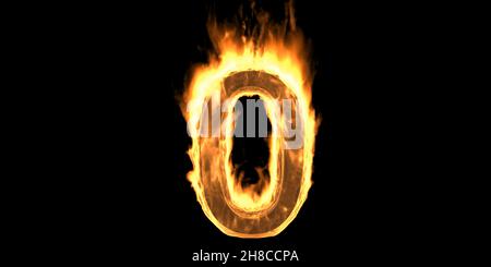 Fire number 0 zero, flaming burn font. Burning flame text with smoke and fiery effect. Hot red fire glow isolated on black background. 3d illustration Stock Photo