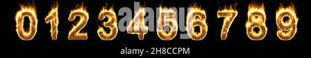 Fire numbers set, flaming burn font. Burning flame figures collection with smoke and fiery effect. Hot red fire glow isolated on black background. 3d Stock Photo