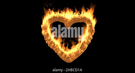 Fire heart flaming sign. Love and passion, Valentines day card template. Burning flame design element isolated on black background. 3d illustration Stock Photo