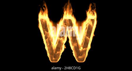 Fire alphabet letter W, flaming burn font. Burning flame text with smoke and fiery effect. Hot glowing design element isolated on black background. 3d Stock Photo