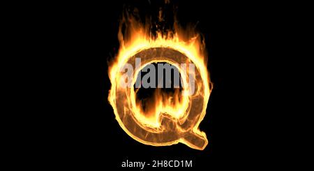 Fire alphabet letter Q, flaming burn font. Burning flame text with smoke and fiery effect. Hot glowing design element isolated on black background. 3d Stock Photo