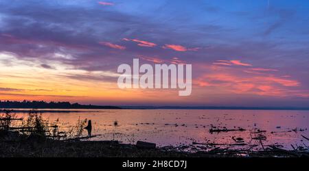 evening glow over lake Chiemsee in autumn, Germany, Bavaria, Lake Chiemsee Stock Photo