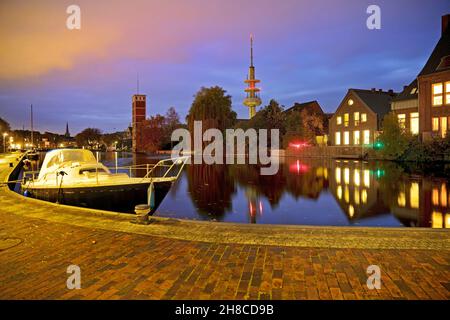 Falderndelft and television tower in the evening, Germany, Lower Saxony, East Frisia, Emden Stock Photo