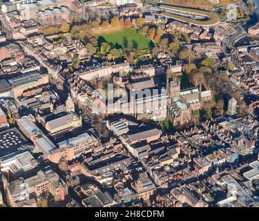 Chester city centre and cathedral from the air, north West England, UK Stock Photo