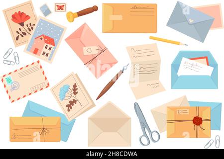 Handmade envelope letter. Invitation letters various paper envelopes with mail postmarks postcards, receiving delivery document, stationery, sealing wax, craft greeting card neat vector illustration Stock Vector