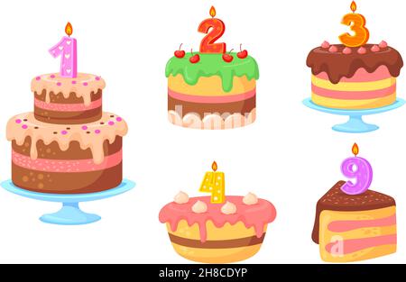 Cake candle numbers. Birthday cakes with celebration candles, colorful delicious cream desserts, holiday party, congratulations children, cartoon vector. Illustration celebration cake birthday Stock Vector