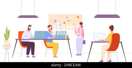 Programmers working together. People in co work agency office, programmer team creative job on programming software or program coding, group coders at desk, splendid vector illustration Stock Vector