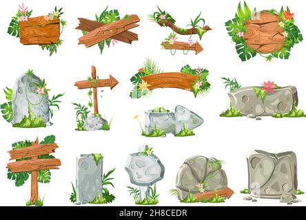 Jungle stone signs. Cartoon game wood board, bamboo with tropical liana, sign frame arrow panel signboards badge panel tablet, rock wall, vector gui design art. Illustration of sign stone and wood Stock Vector