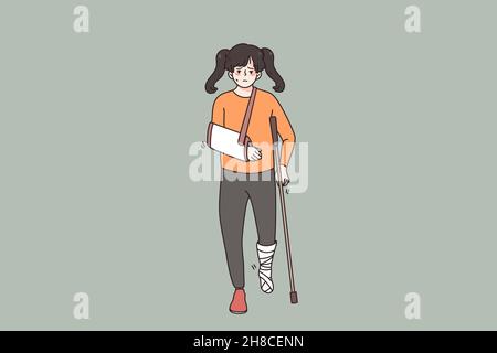 Physical injury and disability concept. Sad disappointed girl standing having disabilities as broken arm and leg in medical bandages vector illustration  Stock Vector