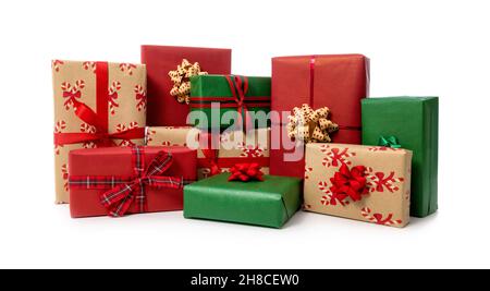 group of different christmas gift boxes isolated on white background Stock Photo